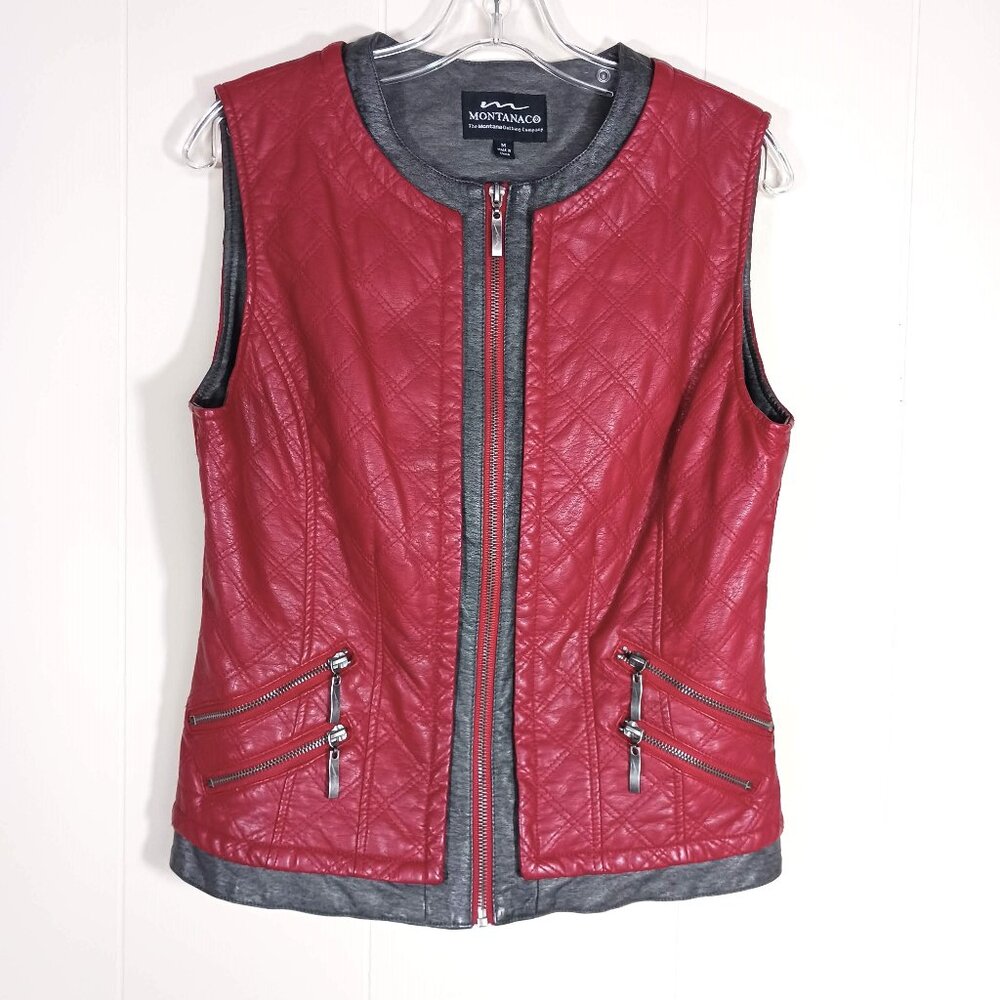 Montana Co Red Faux Leather Vest Fully Lined with Zipper Pockets Size M